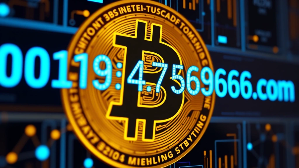 Photorealistic illustration of a Bitcoin address displayed on a digital screen with glowing blue characters and blockchain network background, no text visible