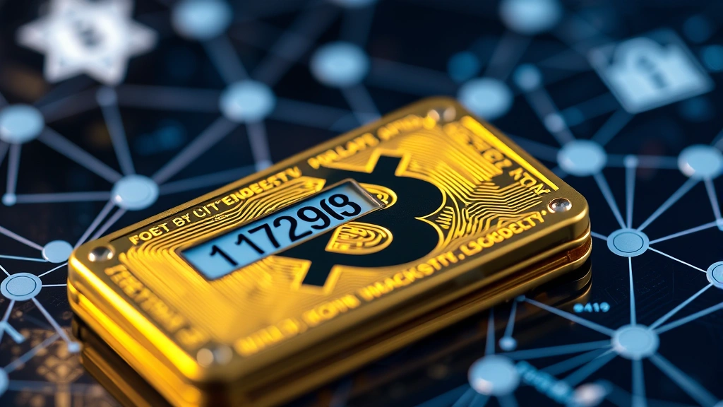 Detailed close-up of a Bitcoin hardware wallet device with visible address on its display screen, surrounded by digital security symbols and blockchain network connections in soft lighting