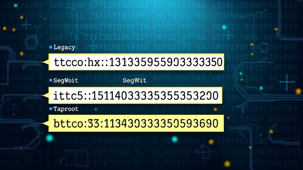 Artistic representation of different Bitcoin address format types arranged visually, showing legacy, SegWit, and Taproot formats with cryptographic elements and blockchain ledger background