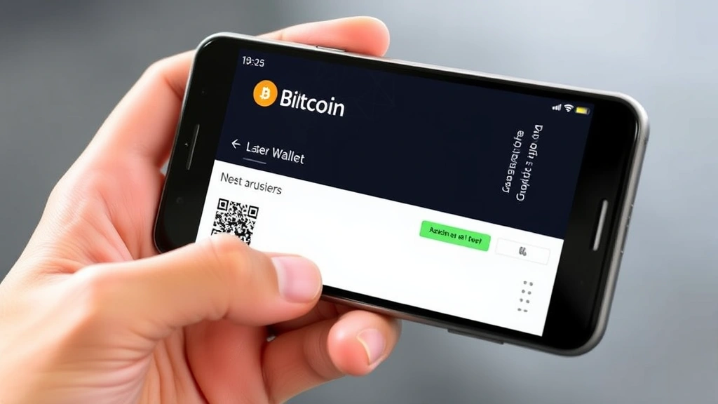 Person holding a smartphone displaying a Bitcoin wallet interface with address QR code and transaction history, modern minimalist design, no visible text