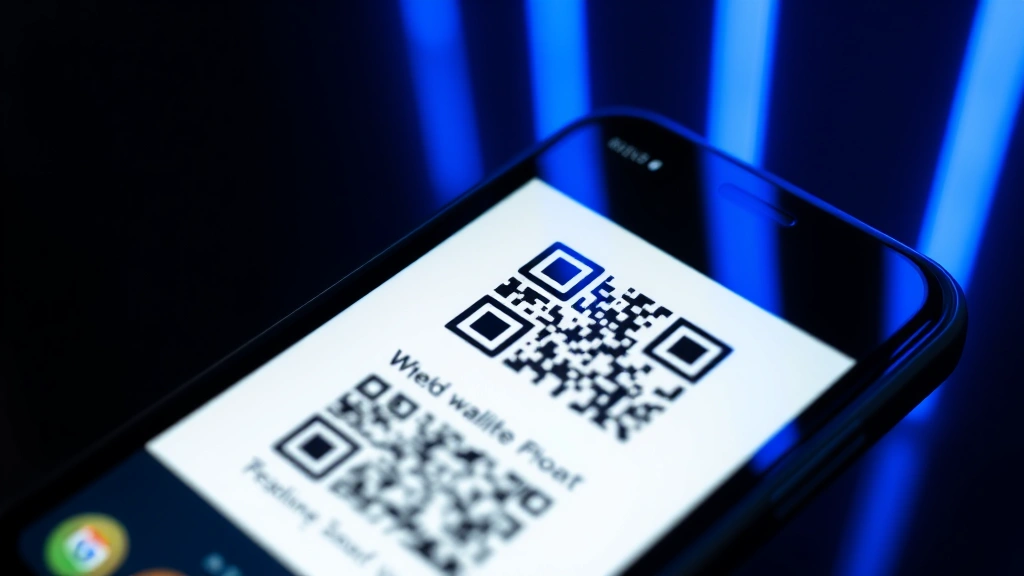 Close-up of smartphone displaying Bitcoin QR code on wallet app interface, blue light reflection on screen, modern minimalist design, cryptocurrency payment concept