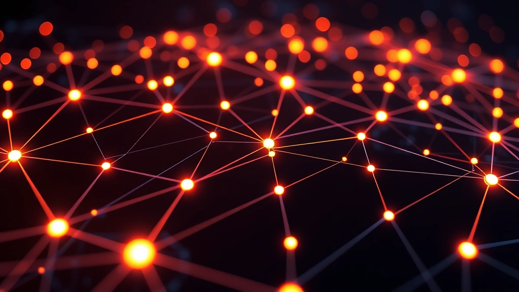 Abstract digital blockchain network visualization with glowing nodes and connecting lines, representing Bitcoin's distributed ledger technology and data structure