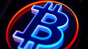 Close-up of glowing Bitcoin symbol (₿) in blue and orange neon light against dark background, representing digital currency and blockchain technology