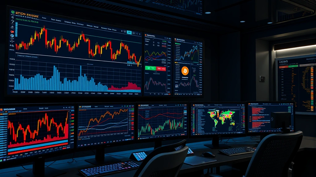 Photorealistic image of a modern cryptocurrency trading terminal displaying Bitcoin price charts and market data, with multiple screens showing real-time blockchain transactions and network statistics