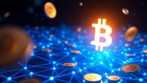 Futuristic digital currency visualization with glowing Bitcoin symbol emerging from blue blockchain network nodes and connections, photorealistic 3D rendering with metallic Bitcoin coins floating in abstract cyberspace