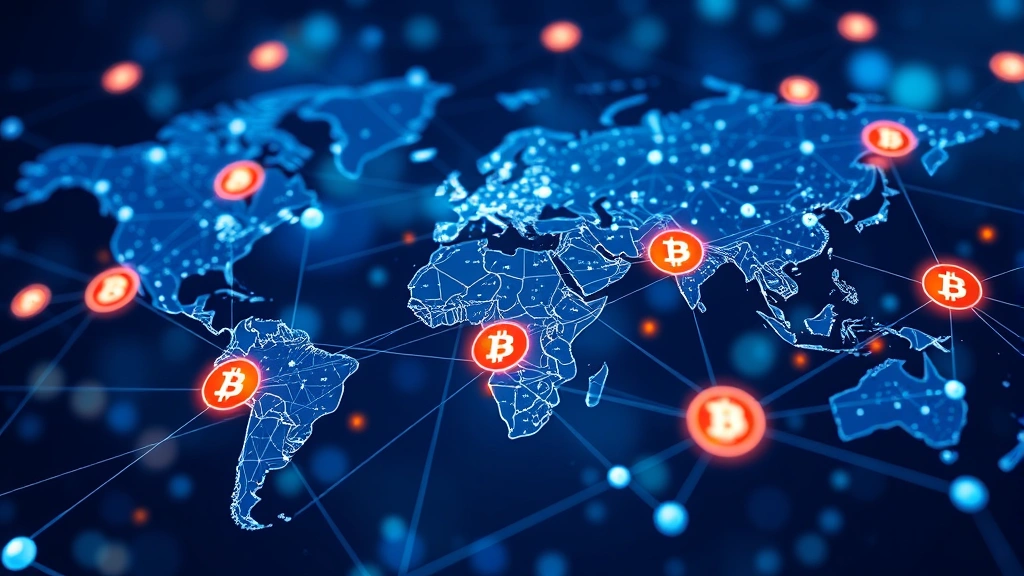 Futuristic visualization of interconnected blockchain nodes and cryptocurrency transactions flowing across a global network map with Bitcoin symbols