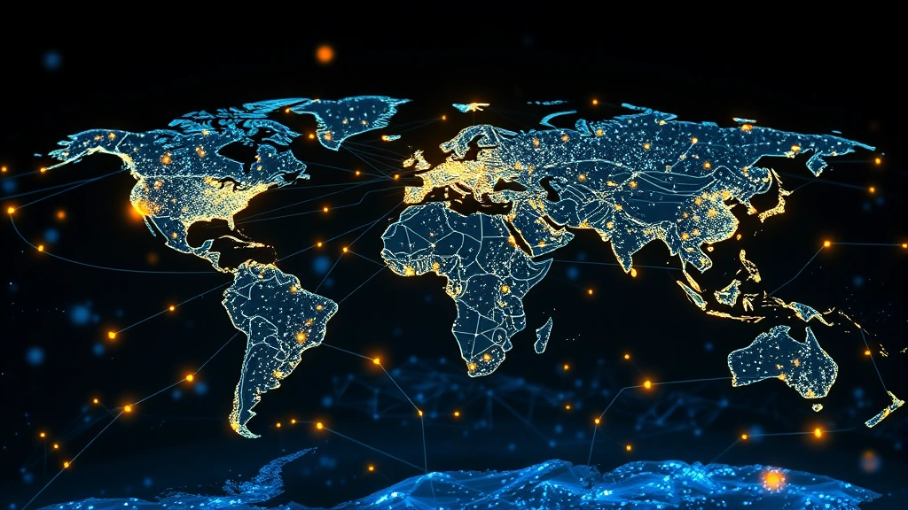 Realistic visualization of Bitcoin blockchain network nodes distributed globally, showing interconnected digital infrastructure with glowing connections representing transactions across continents