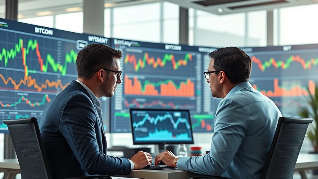 Photorealistic image of institutional investors in a modern office analyzing Bitcoin charts on large displays, with financial data and market indicators visible in the background