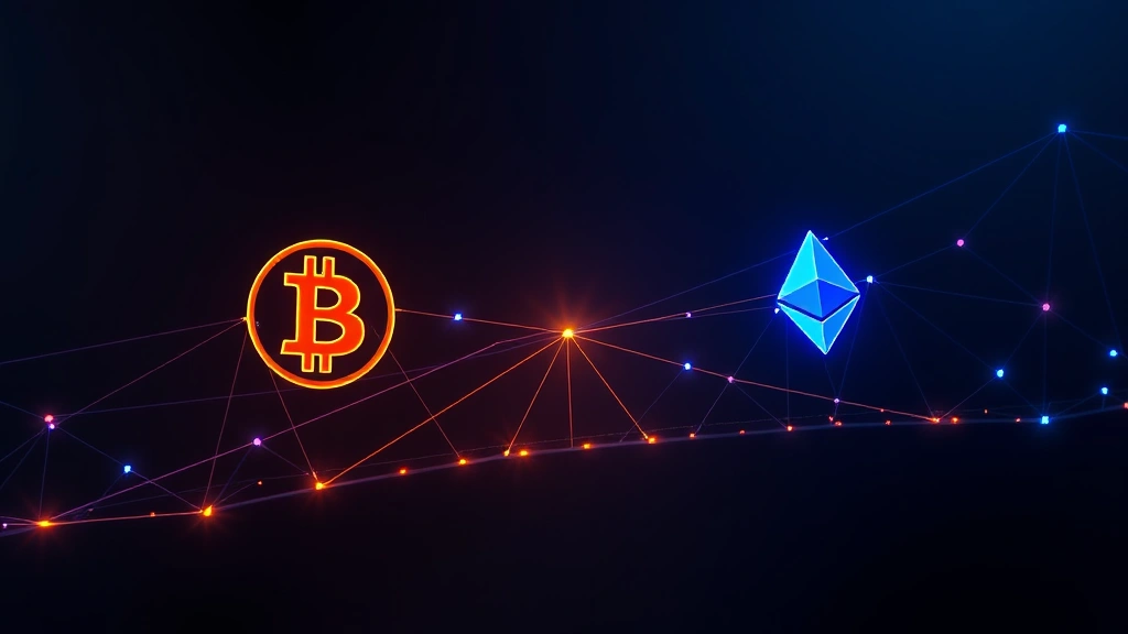 Photorealistic digital illustration of Bitcoin and Ethereum blockchains connected by a glowing bridge, showing cryptocurrency tokens flowing between networks, dark modern aesthetic with blue and orange lighting, no text or labels