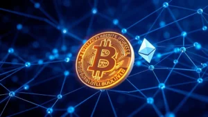 Close-up of glowing Bitcoin symbol merging with Ethereum network nodes, interconnected blockchain architecture with digital light trails, photorealistic 3D rendering, dark blue background with cryptographic patterns