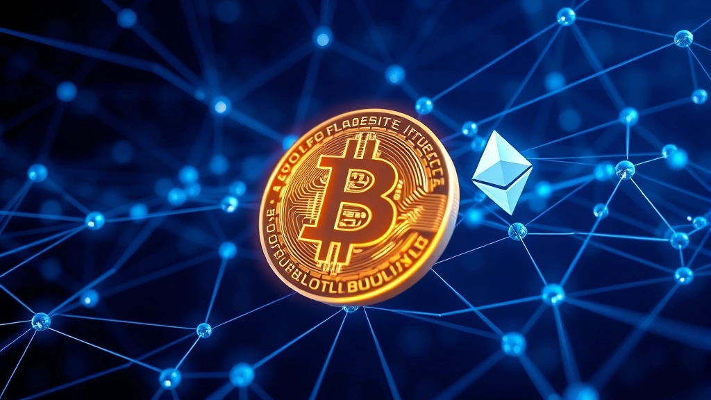 Close-up of glowing Bitcoin symbol merging with Ethereum network nodes, interconnected blockchain architecture with digital light trails, photorealistic 3D rendering, dark blue background with cryptographic patterns