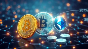 Digital illustration showing Bitcoin coin transforming into Ethereum blockchain tokens, representing the wrapping process with glowing light effects and blockchain network nodes