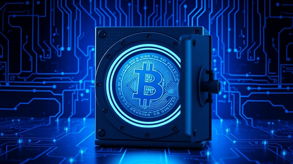 Photorealistic 3D visualization of a secure digital vault with Bitcoin symbols inside, surrounded by protective blockchain nodes and security layers, cool blue lighting emphasizing security and trust, no text