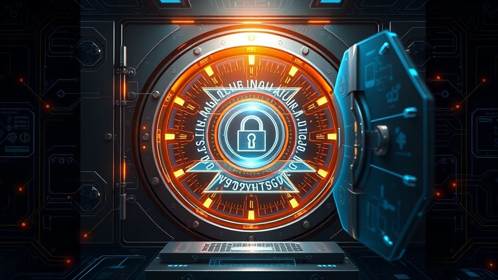 Digital representation of custody vault with multiple security layers, blockchain consensus mechanism visualization, secure multi-signature wallet concept, holographic security elements, technological aesthetic