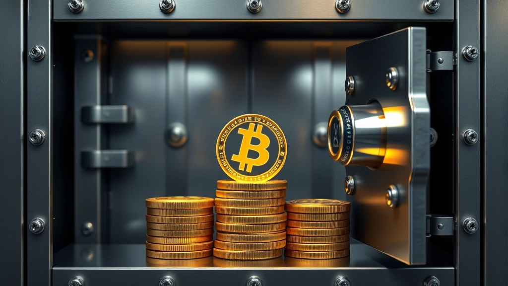 Secure vault or storage facility with digital lock mechanisms, showing stacked cryptocurrency coins with security badges, representing Bitcoin custody and reserves