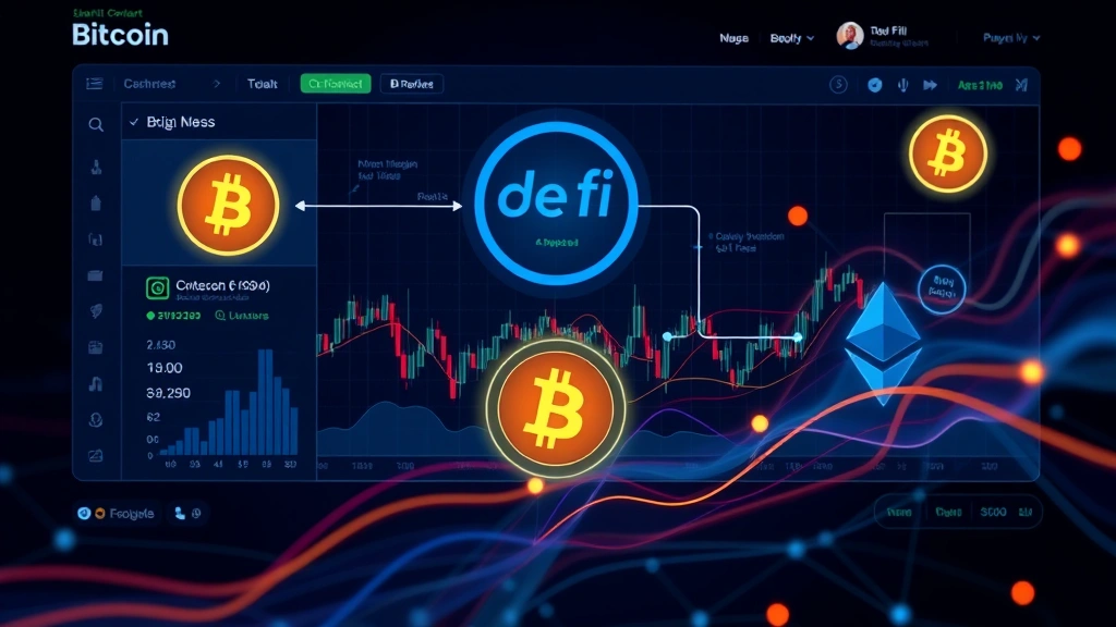 DeFi protocol interface visualization showing liquidity pools and smart contract interactions with Bitcoin and Ethereum tokens, trading dashboard aesthetic, data flow between blockchain networks, modern digital design