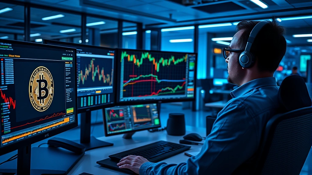 Photorealistic image of a cryptocurrency analyst studying blockchain data on multiple high-resolution displays in a modern fintech office, with Bitcoin symbol visible on screens, professional trading environment with ambient blue lighting