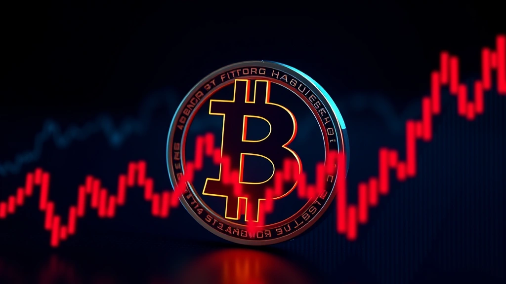 Photorealistic image of a Bitcoin symbol with downward trending graph overlay, dark blue and red color scheme, cryptocurrency trading environment, no text or numbers