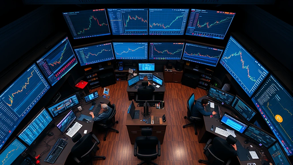 Overhead view of cryptocurrency trading floor with multiple monitors displaying Bitcoin charts and market data, traders analyzing price movements, modern office environment with financial technology setup