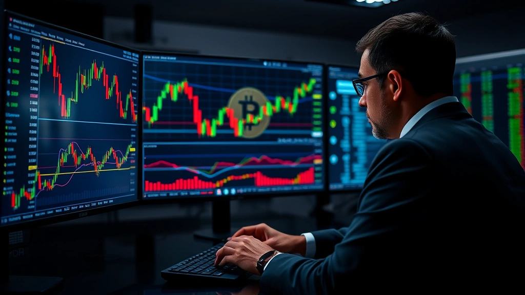 Photorealistic image showing cryptocurrency exchange interface with Bitcoin candle chart, investor analyzing market data on multiple screens, professional trading setup, no visible ticker symbols or readable text
