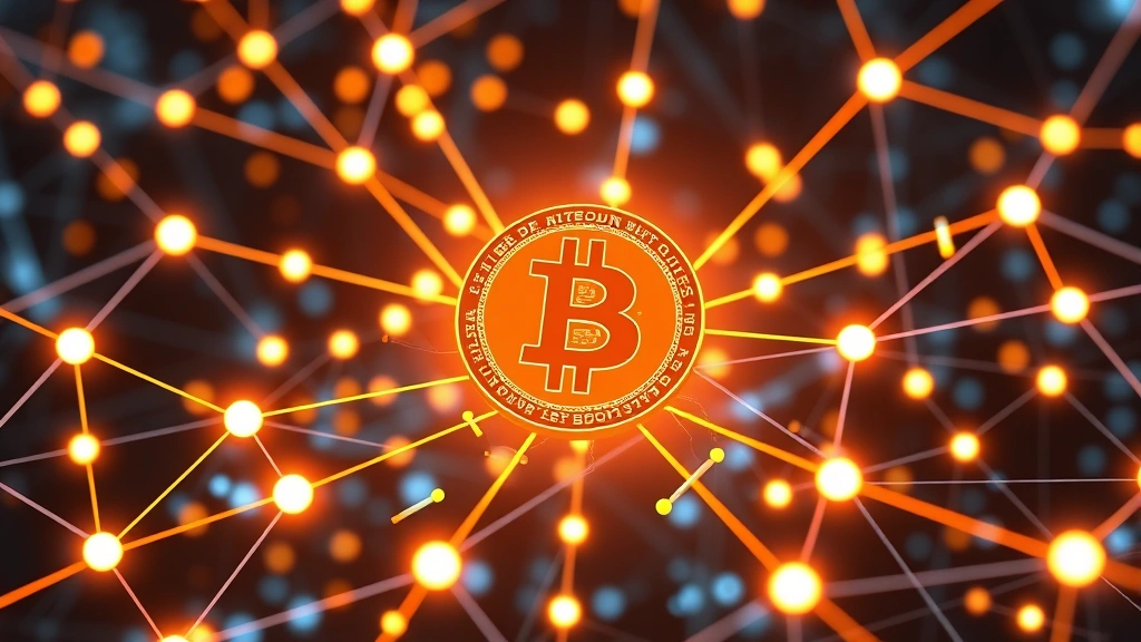 Digital representation of blockchain network nodes with glowing connections, Bitcoin symbol in center, data streams flowing through network, representing on-chain metrics and Bitcoin mining operations