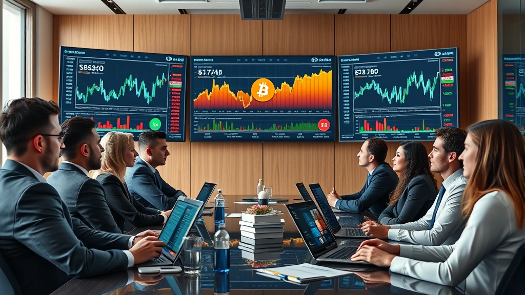 Photorealistic image of a diverse team of financial professionals in a conference room reviewing market reports and economic indicators on large display screens, professional atmosphere suggesting institutional Bitcoin investment discussion