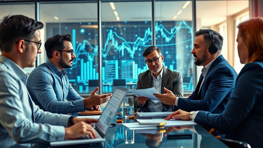 Photorealistic image of diverse investors discussing cryptocurrency market analysis in modern office setting, blockchain network visualization in background, collaborative decision-making atmosphere, no text overlays