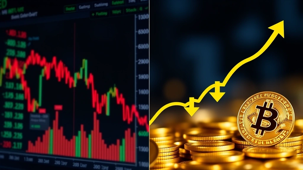 Split-screen image showing stock market decline chart on left and Bitcoin price chart on right with downward arrows, representing correlation between traditional markets and cryptocurrency during economic downturns