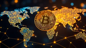 Photorealistic image of digital Bitcoin coins floating above a glowing global network map with interconnected nodes and financial data streams flowing in blue and gold tones, representing worldwide cryptocurrency adoption and institutional investment networks