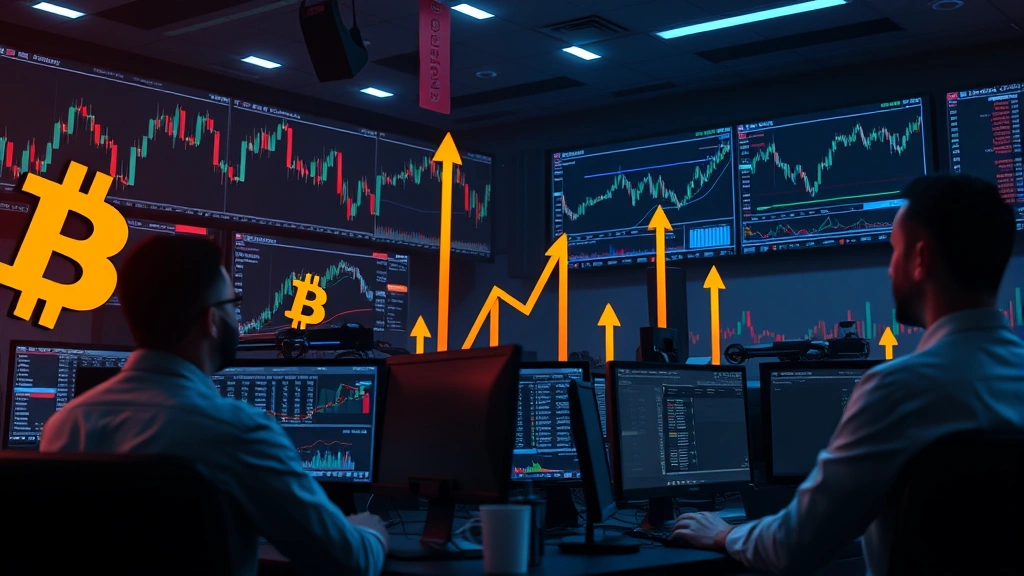 Photorealistic scene of a modern trading floor with multiple monitors displaying ascending price charts and candlestick patterns, traders analyzing data, with Bitcoin symbols and upward arrows subtly integrated into the background lighting and ambient glow