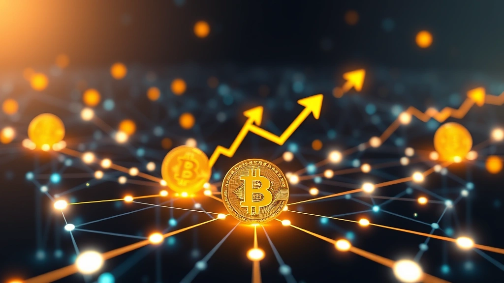 Photorealistic visualization of a blockchain network with golden Bitcoin symbols, upward trending arrows, and institutional building silhouettes (banks, investment firms) connecting through illuminated pathways, representing institutional adoption and capital flows into cryptocurrency markets