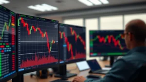 Photorealistic image of a cryptocurrency trading dashboard with Bitcoin chart displaying downward candlestick patterns in red, multiple monitors showing market data, professional trading environment with blurred background, no text or numbers visible