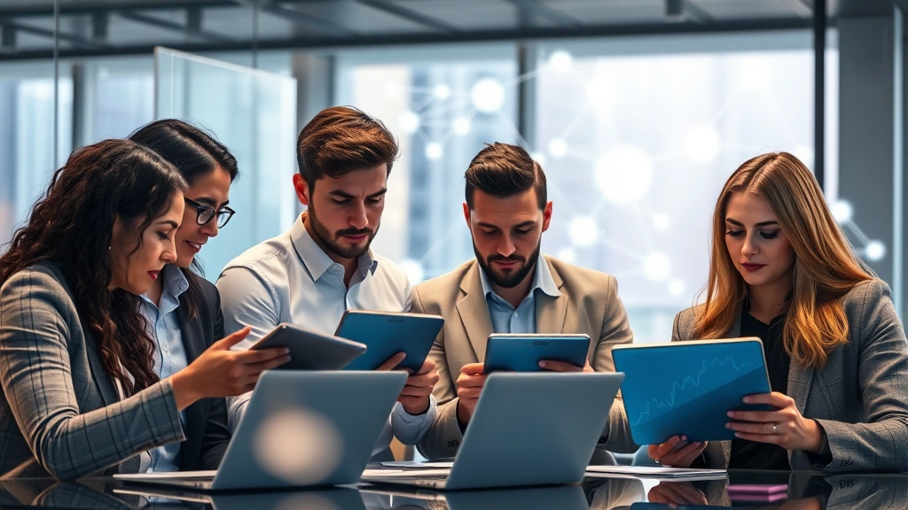 Photorealistic photograph of a diverse group of investors in a modern office reviewing cryptocurrency portfolio performance on tablets and laptops, concerned expressions, blockchain network visualization glowing in background, professional atmosphere