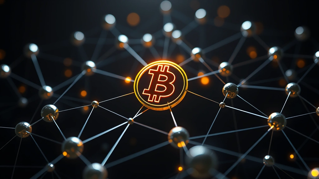 Photorealistic image of a blockchain network node visualization with interconnected spheres and light trails, Bitcoin symbol highlighted among cryptocurrency tokens, digital currency concept, dark professional background, abstract technology aesthetic