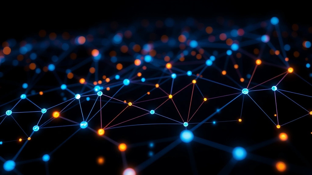 Photorealistic image of digital cryptocurrency blockchain network with blue and orange data flows, abstract nodes connecting across dark background, representing market interconnectedness