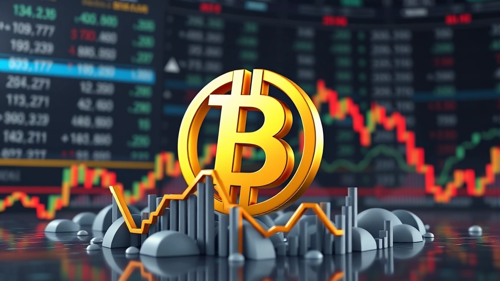 Realistic 3D visualization of bitcoin symbol surrounded by downward trending charts and candlesticks, financial data streams in background, representing market decline analysis