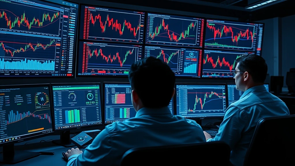 Photorealistic image of institutional traders monitoring multiple screens with cryptocurrency market data, professional trading environment with charts and analytics displayed
