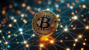 Photorealistic image of a futuristic digital Bitcoin coin floating above a glowing blockchain network with interconnected nodes and data streams, representing institutional adoption and network growth in cryptocurrency markets