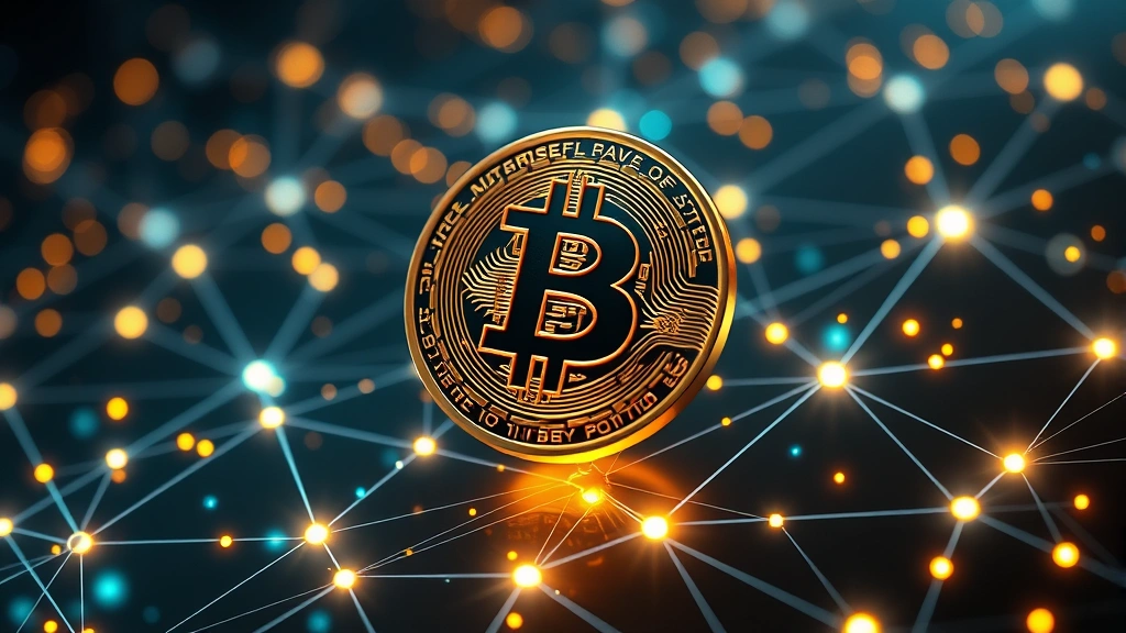 Photorealistic image of a futuristic digital Bitcoin coin floating above a glowing blockchain network with interconnected nodes and data streams, representing institutional adoption and network growth in cryptocurrency markets