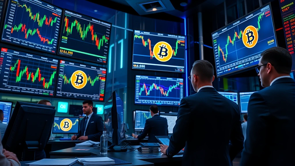 Photorealistic image of a modern financial trading floor with multiple screens displaying Bitcoin price charts, candlestick patterns, and market data, professional traders in business attire analyzing information, blue and green lighting reflecting off glass surfaces, sophisticated cryptocurrency exchange interface visible