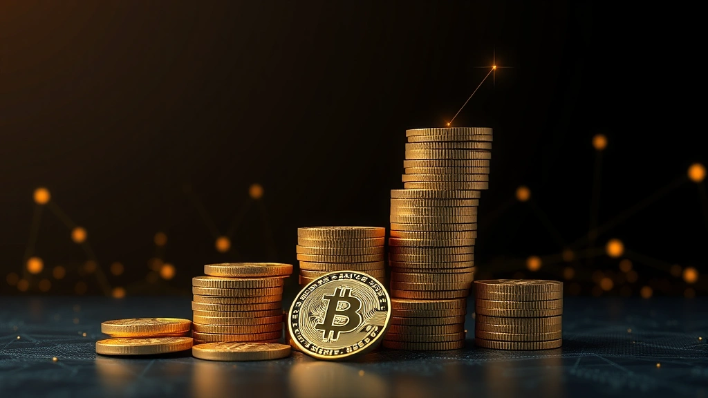 Photorealistic digital illustration of Bitcoin coins stacked in ascending formation against dark gradient background with blockchain network nodes glowing, representing upward price movement and institutional wealth accumulation