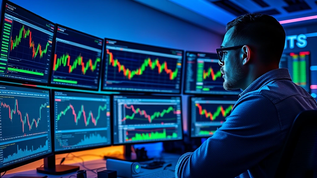 Professional trader analyzing Bitcoin charts on multiple monitors in modern cryptocurrency trading office with blue and green lighting, showing real-time market data and candlestick patterns