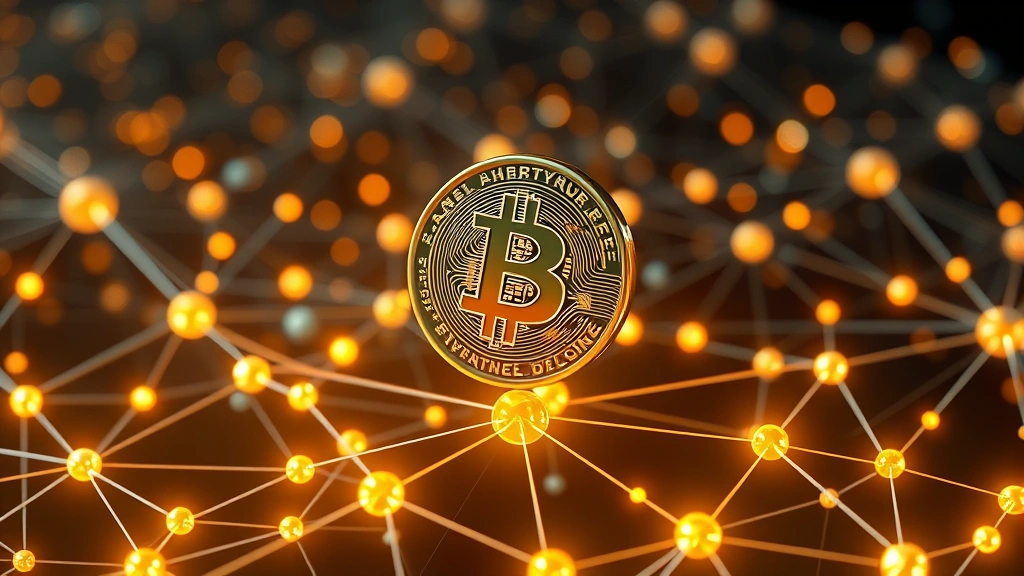 Futuristic digital Bitcoin coin floating above a glowing network of interconnected nodes and blockchain ledgers, representing institutional financial connections and distributed ledger technology, photorealistic 3D render