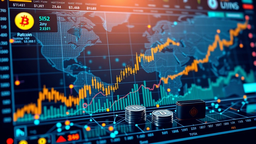 Photorealistic visualization of cryptocurrency market trading dashboard with upward trending candlestick patterns, digital wallets, and global financial networks connecting together, showing market momentum and investment flows