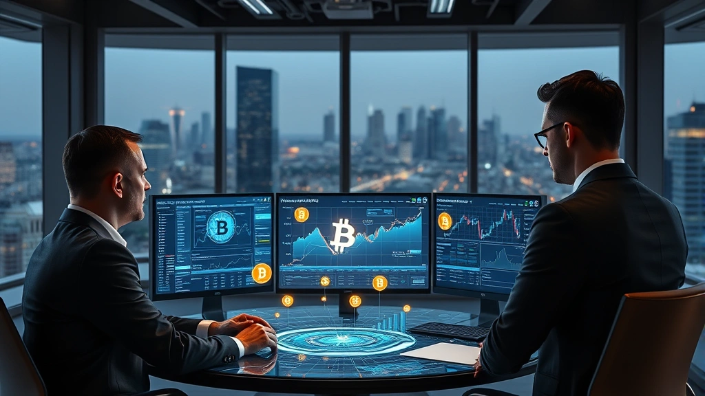 Professional analysts reviewing Bitcoin market data on holographic displays in a modern financial trading room environment, multiple digital screens showing blockchain networks and crypto metrics, traders collaborating around a central digital interface, contemporary office with floor-to-ceiling windows overlooking city skyline