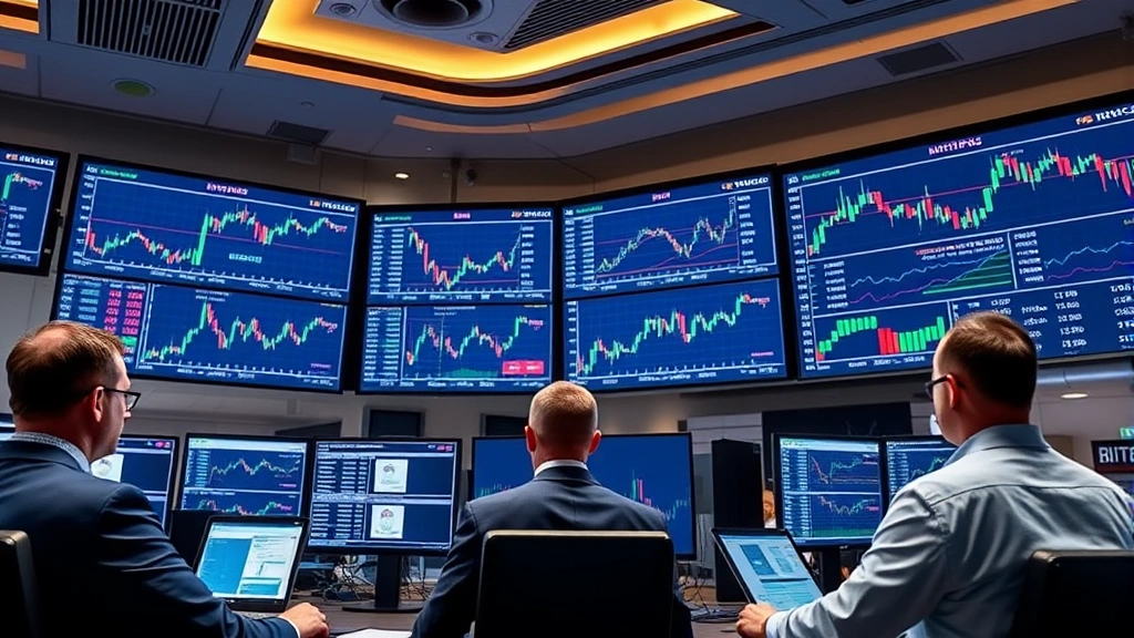 Professional photograph of modern financial trading floor with multiple screens displaying cryptocurrency data, traders analyzing Bitcoin charts, blue and green candlestick patterns visible, emphasizing institutional adoption and market analysis