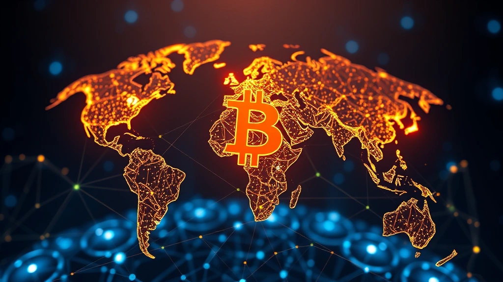 Futuristic digital representation of Bitcoin blockchain network with glowing nodes and connections expanding across globe, symbolizing global adoption and institutional participation in crypto markets