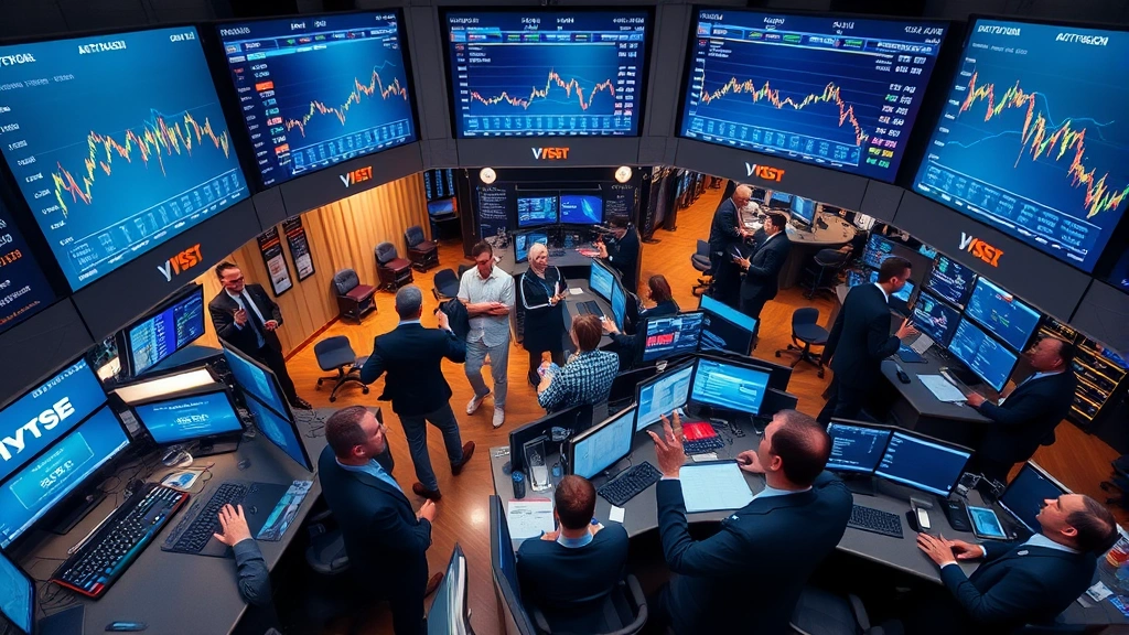 Aerial view of a bustling financial trading floor with multiple screens displaying cryptocurrency price charts, traders gesturing, and digital data streams flowing, modern professional environment