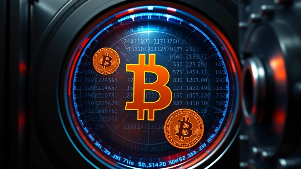 Photorealistic image of a secure digital vault with Bitcoin symbols and encrypted blockchain data, representing security, storage solutions, and institutional-grade custody infrastructure for cryptocurrency holdings