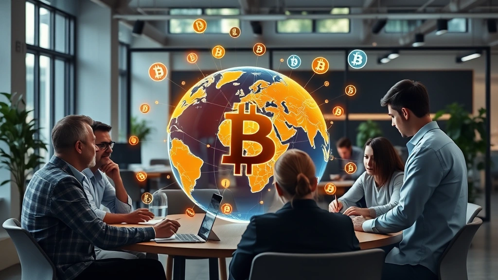 Diverse global investors from different continents collaborating around a digital Bitcoin network visualization globe in a sustainable office environment, holographic cryptocurrency symbols floating in air, modern workspace with natural lighting, people of various backgrounds working together on blockchain technology